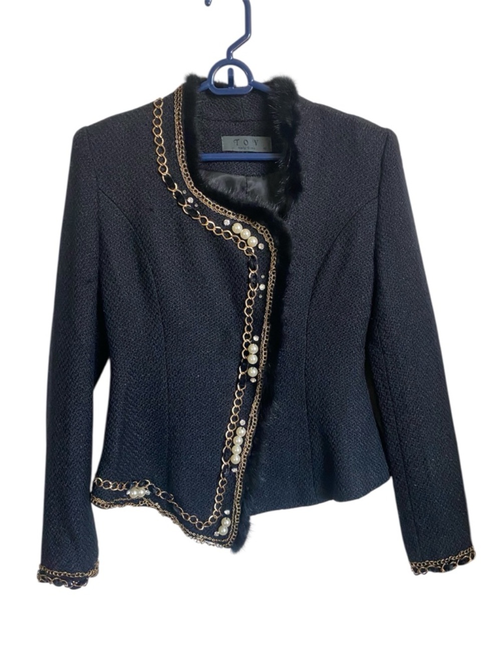 TOV Holy G Black Tweed Blazer Genuine Fur Details/Beaded Size 40